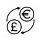 currency exchange black line icons with arrows in flat style, euro to pound transferring vector illustration on white