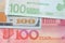 Currency exchange between China and America and Europe, closed up of green Euro, 100 US Dollar on red Chinese Yuan banknote can be