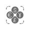 Currency exchange, foreign money, coin of dollar, euro, yen, pound grey icon.