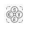 Currency exchange, foreign money, coin of dollar, euro, yen, pound line icon.