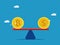 Currency exchange rates. Digital coins and dollars on the scale