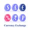 Currency exchange, rupee and ruble symbols, euro and pound coins, percentage sign token, save money
