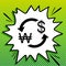 Currency exchange sign. South Korea Won and US Dollar. Black Icon on white popart Splash at green background with white spots.