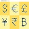 Currency icons, dollar, euro, yen, rupee, pound, bitcoin, currency, Cryptocurrency Finance business money