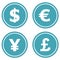 Currency icons set. Dollar, euro, yen and pound symbols. Vector illustration