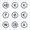 Currency line icons. linear set. quality vector line set such as chinese yuan, dollar, naira, euro, hryvnia, rupee, laos, myanmar