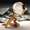 Currency quest: magnifying glass, exploring coins and dollars, symbolizing concept of meticulous financial search and