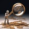 Currency quest: magnifying glass, exploring coins and dollars, symbolizing concept of meticulous financial search and