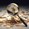 Currency quest: magnifying glass, exploring coins and dollars, symbolizing concept of meticulous financial search and