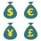 Currency symbols and money bags. Dollar, euro, yen and pound buttons. Stock and finance design elements. Vector illustration