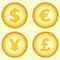 Currency symbols and money coins. Dollar, euro, yen and pound buttons. Stock and finance design elements. Vector illustration