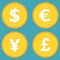 Currency symbols and money coins. Dollar, euro, yen and pound buttons. Stock and finance design elements. Vector illustration.