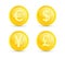 Currency symbols. Money sign. Euro, Dollar, Yen, Pound. Golden coins. Vector illustration