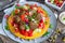 Curried chickpea cake with pistachio lamb meatballs