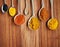 Curry combinations. spoons filled with a variety of spices.