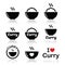 Curry, Indian spicy food icons set