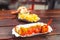 curry wurst sausage with french fries, street food concept