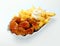 Currywurst with golden potato chips