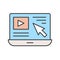 cursor arrow and video clip on laptop screen, website related icon, editable stroke outline icon