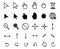 Cursor icons. Web pointer clicking, scale arrow and magnifier icon. Grab hand, pointing arrows and hourglass loading