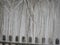 Curtain of willow twigs covered with ice, with the silhouette of a wooden fence in the background