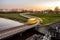 Curve light trails on country road in the landscape of the province of Groningen, The Netherlands