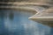 The curve, semicircular staircase for sitting made of concrete leads to the water in the inner harbor of Duisburg, Germany,