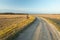 A curve-shaped dirt road through meadows, sunny day