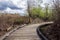 Curved boardwalk in a marshland on a cloudy, overcast day in the pacific northwest