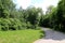 A curved grass and shadow casting tree lined dirt road path on a bright sunny day perfect for seasonal marketing as well as cards