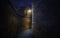 Curved pathway among old brick walls at night