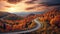 Curved road on autumn, beautiful curved pass with vehicles and colorful autumn nature colors on trees with sunset light