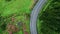 Curved road crossing grassy hills drone top view. Highway at asphalt mountain