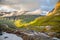 Curved road and mountain valley panorama on the way from Dalsnibba to Geiranger fjord, Geiranger, Sunnmore,  Romsdal county,