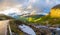 Curved road and mountain valley panorama on the way from Dalsnibba to Geiranger fjord, Geiranger, Sunnmore,  Romsdal county,