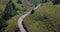 Curved road surrounded by forest green trees cars