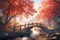 Curved Wooden Bridge Over River With Red Maple Trees in Japan AI Generative