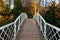 Curves bridge of wood with white metal area and autumnal trees