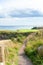 Curves of scottish fields and ravines in Dunnottar. Panoramic vi