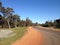 Curving road with trees, sand and blue sky in Western Australia
