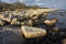 Curving shoreline with boulders and gravel along the Connecticut shoreline.