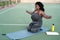 Curvy Afro woman doing workout exercises session - Young African female having fun training outdoor