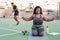 Curvy Afro woman doing workout exercises session - Young African female having fun training outdoor