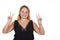 Curvy blonde caucasian woman on white background giving a v victory peace up gesture