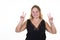 Curvy blonde caucasian woman on white background make finger hands v victory peace up gesture