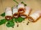 Curvy cut folded into rolls. Pork on a kitchen board with parsley. Pork belly appetizer