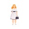 Curvy, overweight girl in white dress, beautiful plus size fashion woman, body positive vector Illustration on a white