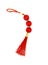 Curvy red knot with tassel, top view photo. Asian holiday symbol. Red silk knot isolated. Chinese New Year decoration