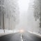 Curvy road on a snowy and foggy winter day near the Grosser Feldberg mountain in Germany