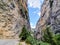 Curvy road between steep rocks of Trigrad gorge in the Western Rhodopes, Bulgaria.